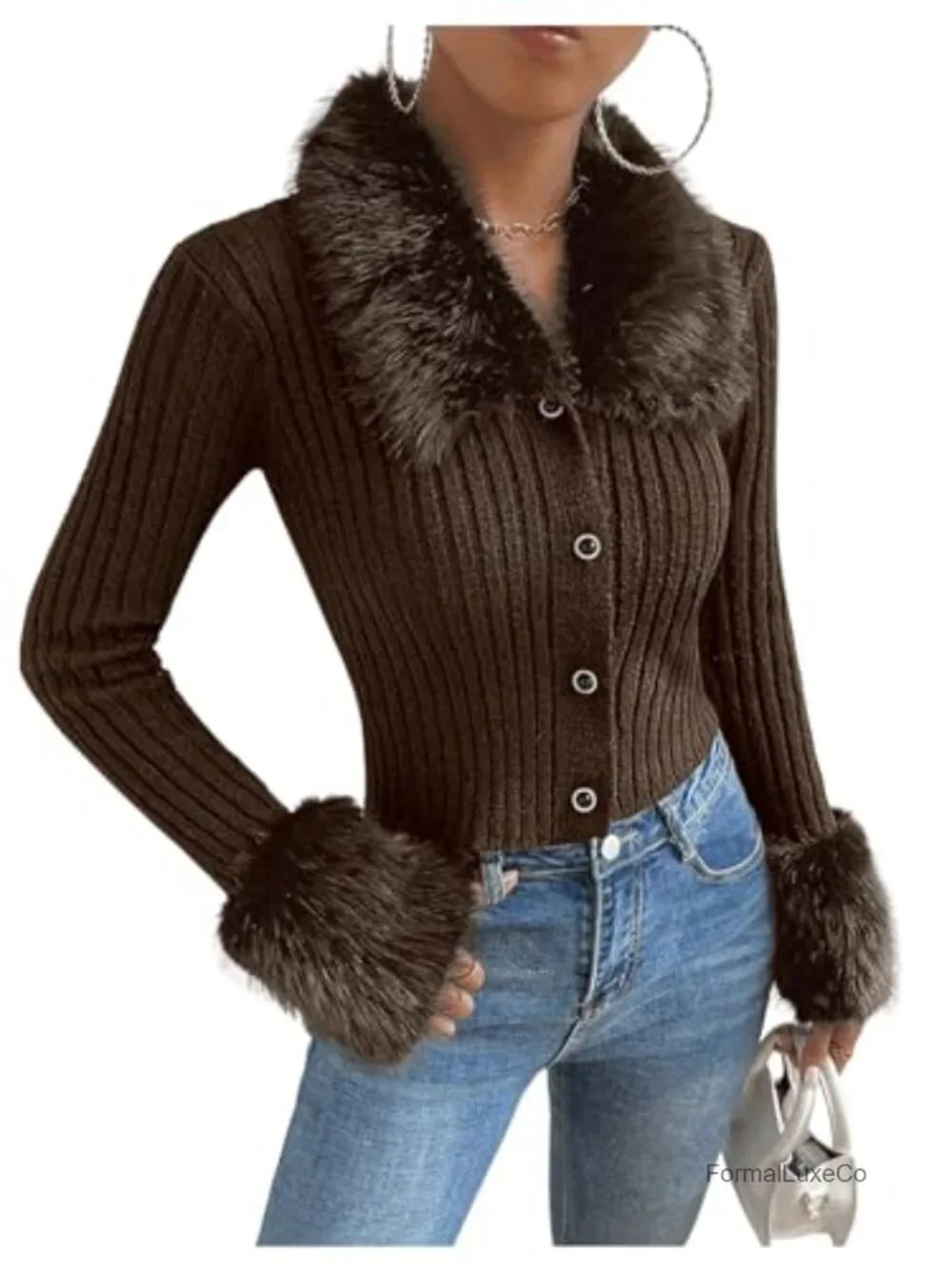 Women's Fuzzy Button Down Cardigan Fleece Faux Fur Collar Long Sleeve Knit